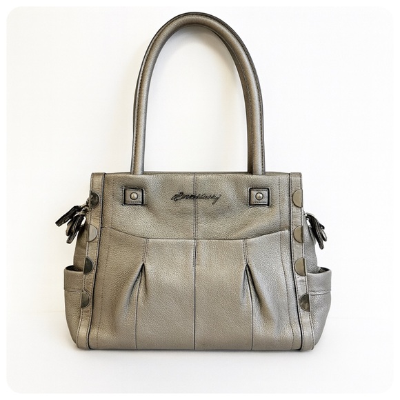 B. Makowsky Pewter Silver Metallic Leather Bag Purse Satchel Handles - Picture 1 of 13